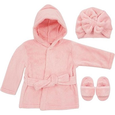Pink Baby Girls Bathrobe Towel, Slippers and Turban, Bath Robe Spa Set for infants 0-9 Months