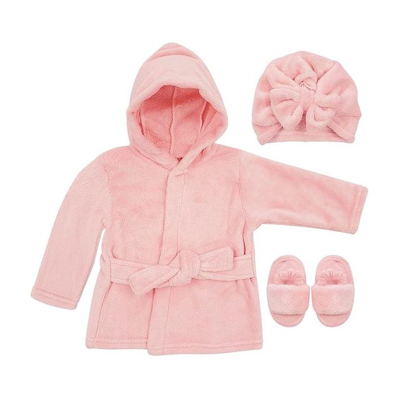 Rising Star Pink Baby Girls Bathrobe Towel, Slippers and Turban, Bath Robe Spa Set for infants 0-9 Months, 1 of 4