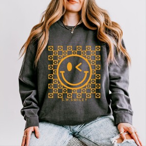Simply Sage Market S.W.Smiley Mustard Smiley Flowers Lightweight Garment Dyed Sweatshirt - 1 of 4