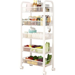 5-Tier Storage Cart,Multipurpose Vegetable Shelf with Handle,Slim Metal Storage Cart with Wheels,Narrow Mesh Basket for Kitchen,Bathroom,Living Room - 1 of 4