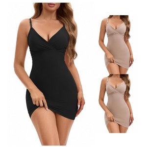 INSPIRE CHIC Women's 3 Packs Deep V Neck Adjustable Spaghetti Strap Full Slips Tummy Control Under Dress - 1 of 4