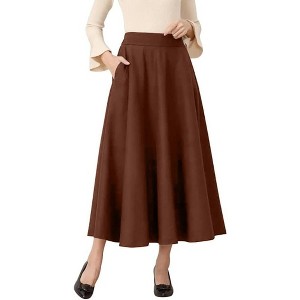 Women's Plaid Wool Skirt - Elastic Waist A-Line Pleated Tartan Long Skirt Long Pure Coffee - 1 of 4