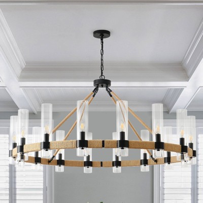 PAKOKULA Farmhouse 16 light Black Wagon Wheel Rustic Chandelier with Clear Glass Shade & Rattan Accents for Dinning Room