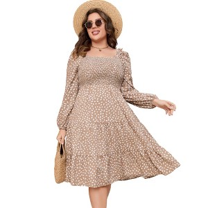 Clearlove Womens Plus Size Square Neck Dresse High Waist Smocked Ruffle A Line Tiered Flowy Maxi Dress with Pocket - 1 of 4