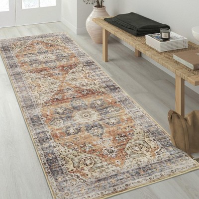 Vintage Persian Distressed Area Rug Washable Medallion Print Carpet, 2' x 6' Brown