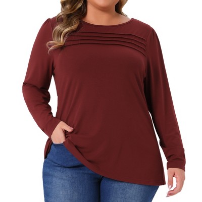 Women's Plus Size Crew Neck Front Tucks Detail Long Sleeve Solid Casual Basic Tunic Blouse - Agnes Orinda