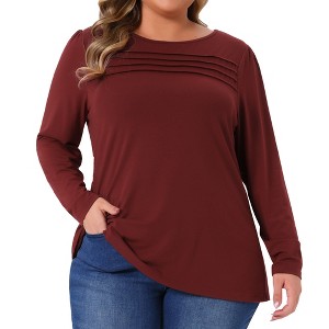 Women's Plus Size Crew Neck Front Tucks Detail Long Sleeve Solid Casual Basic Tunic Blouse - Agnes Orinda - 1 of 4