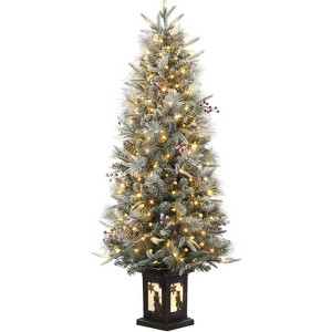 4.5ft Pre-Lit Snow Flocked Artificial Christmas Tree with 200 Lights & 12 Red Berries-286 Branch Tips,Snowman Potted Base for Home/Office - 1 of 4