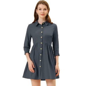 INSPIRE CHIC Women's 3/4 Sleeve Button Front Solid Color Flare Mini Shirt Dress - 1 of 4