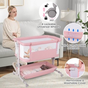 Infans Baby Bassinet, Bedside Crib w/ 6-Level Adjustable Height, Storage Shelf, Wheels, Mattress & Carry Bag, Folding Bassinet Bedside Sleeper, Pink - 1 of 4