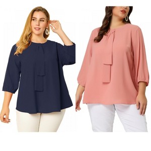 Women's Plus Size 2 Pieces 3/4 Sleeves Round Neck Ruffle Chiffon Work Blouse - Agnes Orinda - 1 of 4