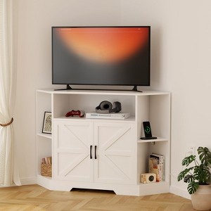 Corner TV Stand for TVs Up to 55 Inch - Farmhouse Corner TV Cabinet with Power Outlet, Storage Cabinets & Shelves, Modern Wood Media Console - 1 of 4