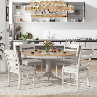 ELJGET 5 Piece Dining Table Set, Mid-Century Wood Kitchen Table with Extendable Dining Table & 4 Upholstered Dining Room Chairs, Off White