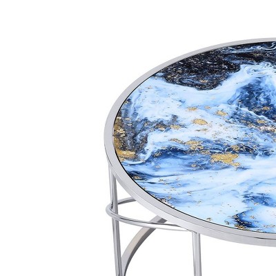 Blue Marble Print and Chrome Round Coffee Table