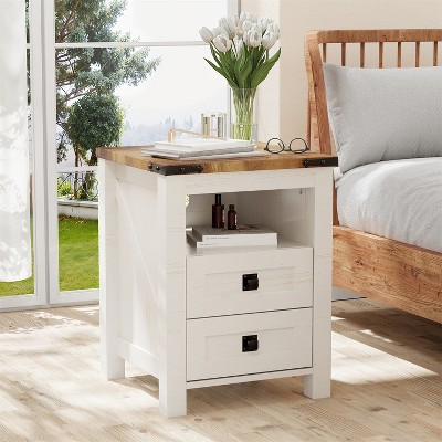 Farmhouse Nightstand wtih Charging Station, 18" End Table Side Table with 2 Drawers for Bedroom, Living Room