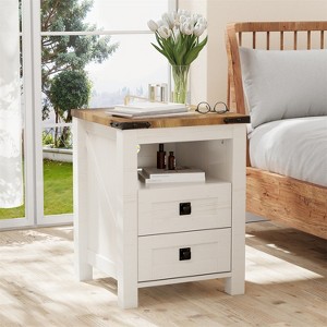Farmhouse Nightstand wtih Charging Station, 18" End Table Side Table with 2 Drawers for Bedroom, Living Room - 1 of 4