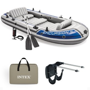 Intex Excursion 5 Person Inflatable Outdoor Fishing Raft Boat Set with 2 Aluminum Oars and Air Pump with a Intex Composite Motor Mount Kit - 1 of 4