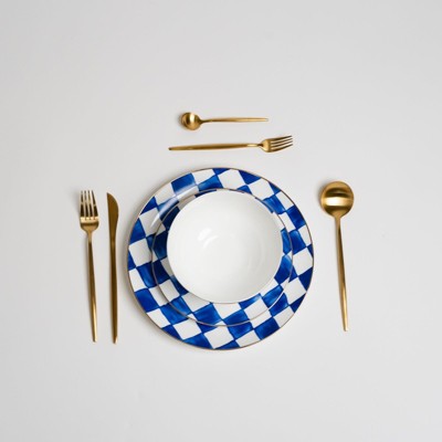 Ozarke Royal Blue Check Plate Set - Blue & White