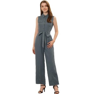 Allegra K Women's Button Down Collared Wide Leg Tie-Waist Sleeveless Cargo Jumpsuits - 1 of 4