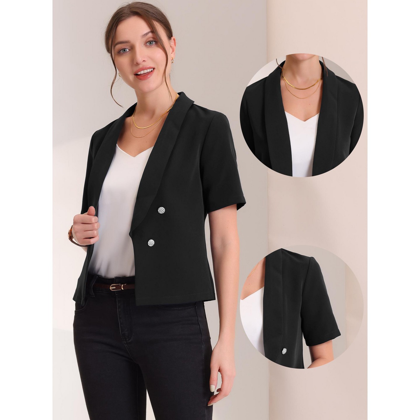 Женский пиджак Allegra K Regular Fit Shawl Collar Open Front Short Sleeve Work Office Suit Blazer Large Black, цвет: Чёрный — фото 2