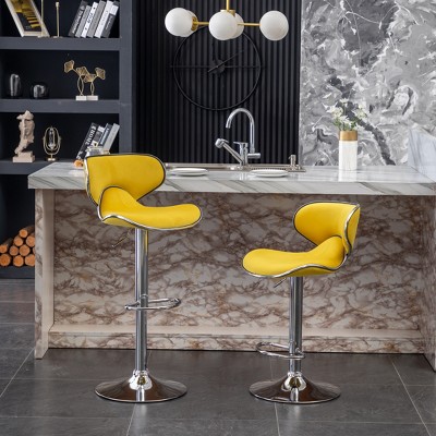 Velvet Swivel Counter Barstools Set of 2, Bar Stool Upholstered Seating, Adjustable Height Metal Frame for Kitchen, Dining Room, Pub, Yellow