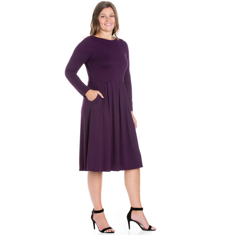 24seven Comfort Apparel Long Sleeve Fit and Flare Plus Size Midi Dress, 3 of 6
