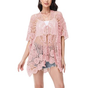 Anna-Kaci Women's Open Front Crochet Cover-Up with Floral Pattern and Short Sleeves - 1 of 4