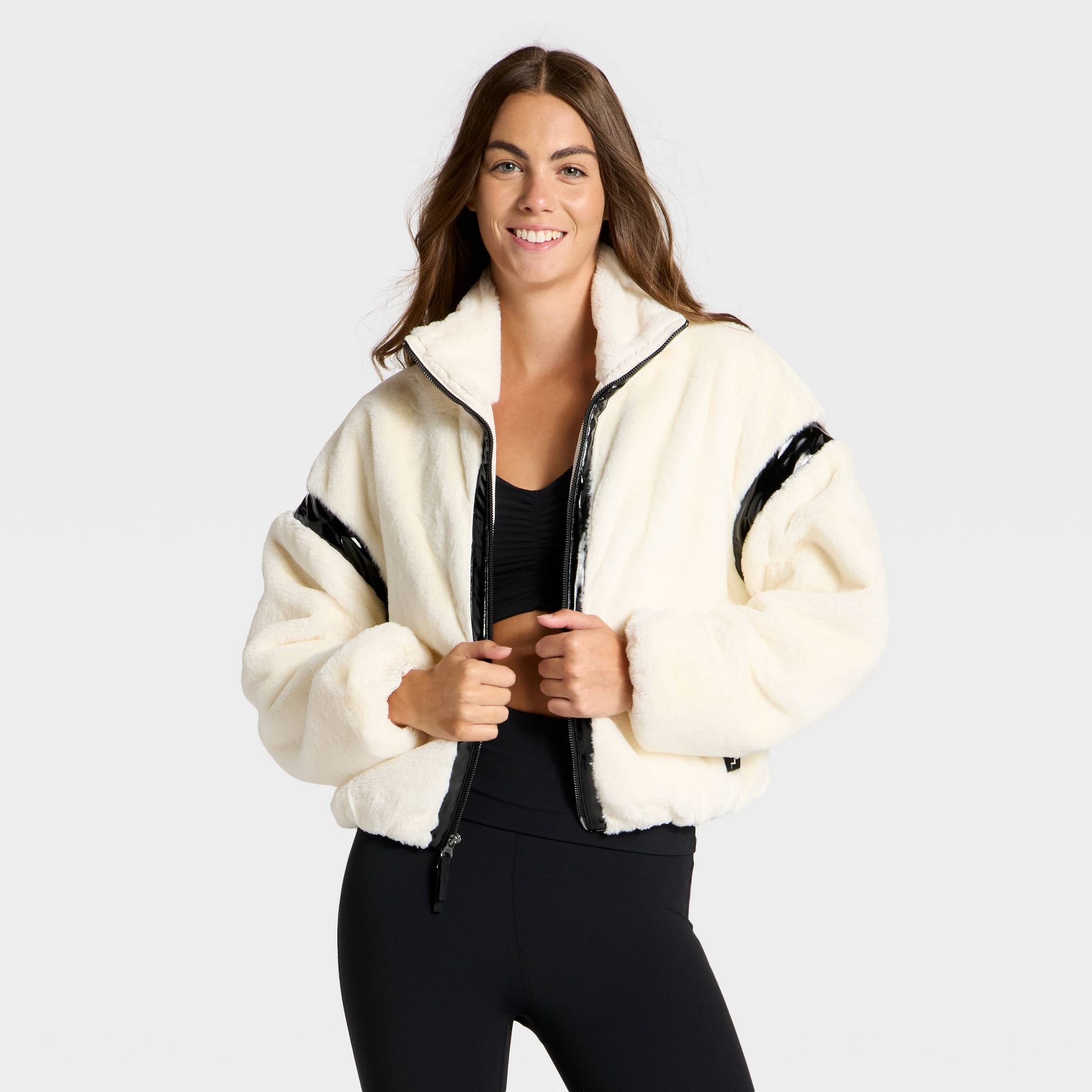 Women's Faux Fur PU Trim Jacket - JoyLab™
