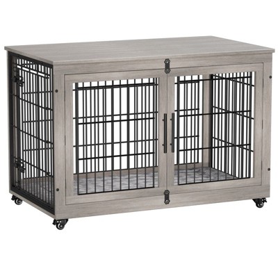 Gikpal Wooden Dog Crate Furniture, Stylish Dogs Kennel for Small to Extra Large, Double Door & A Cushion & 360°Wheel, Metal, Chew-Proof, Dog Cage