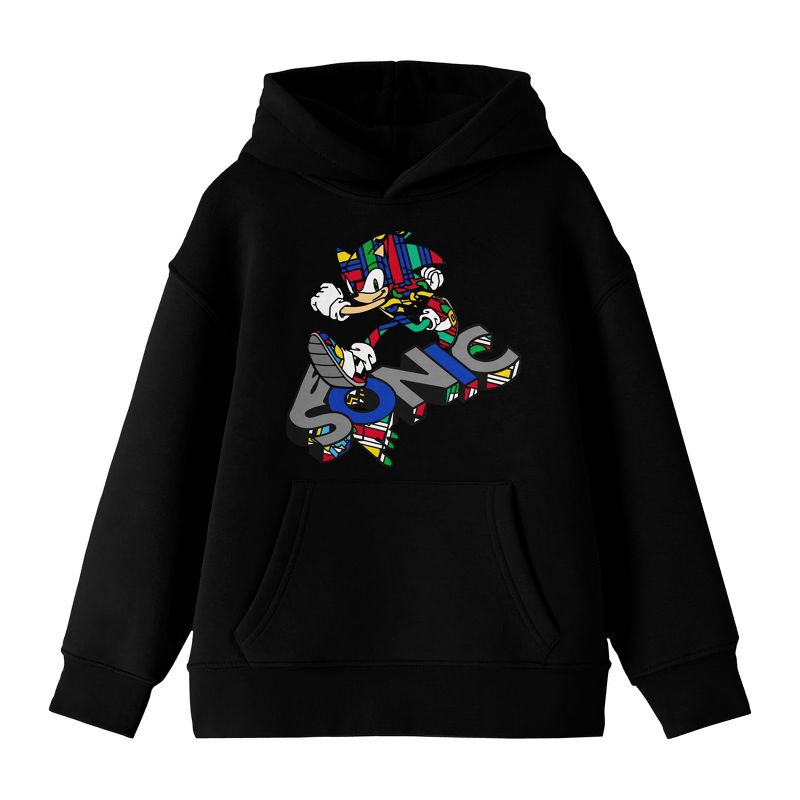 Sonic The Hedgehog Modern Sonic Pop Dimension Color Art Long Sleeve Black Youth Hooded Sweatshirt, 1 of 4