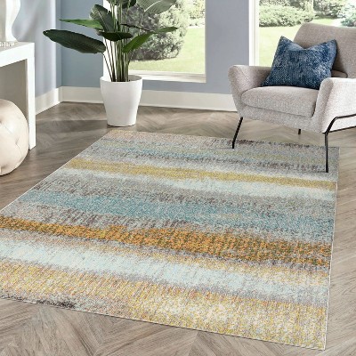 Cream and Yellow Abstract Synthetic Area Rug, 3 x 5