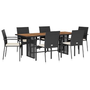 vidaXL 7 Piece Patio Dining Set - Black Poly Rattan with Cushions, Acacia Wood Tabletop, Durable Outdoor Furniture for Garden, Backyard, and Deck - 1 of 4