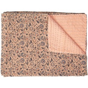 50" X 70" Peach And Gray Floral Cotton Quilted Kantha Throw Blanket with Embroidery - 1 of 4