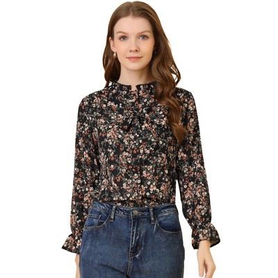 Allegra K Women's Vintage Floral Tie Neck Long Sleeve Ruffled Collar Peasant Blouse