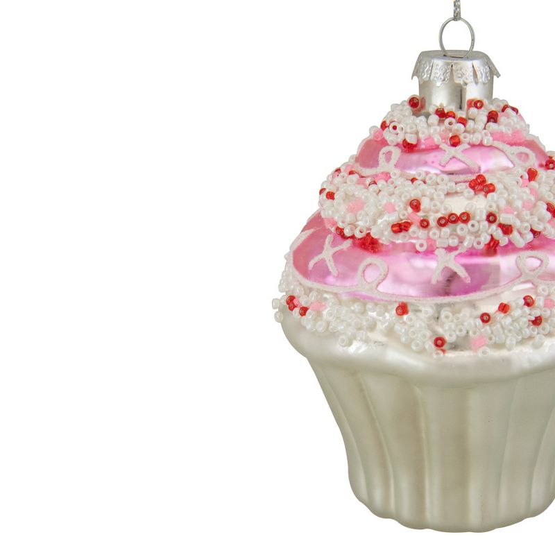 Northlight 4" Pink and White Cupcake with Sprinkles Glass Christmas Ornament, 3 of 5