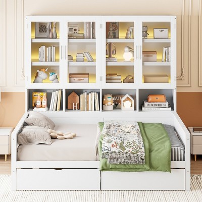 Twin/Full Size Wooden Daybed with Glass-Door Storage Cabinets, Built-in LED Lighting, Drawers and Open Shelves, White/Gray-ModernLuxe