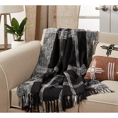 Black and White Cotton Plaid Throw Blanket with Fringe