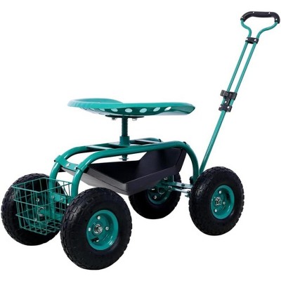 Acekool Rolling Garden Scooter, 300lbs Capacity, 360° Swivel Adjustable Seat, Tool Tray & Basket, Wheeled Outdoor Garden Cart Workseat