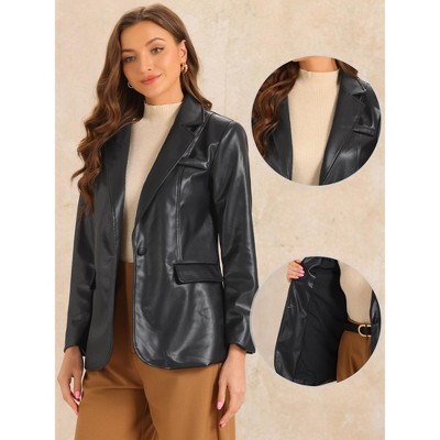 Allegra K Women's Faux Leather Long Sleeve Lapel Collar PU Moto Biker Jacket Large Black — фото 2