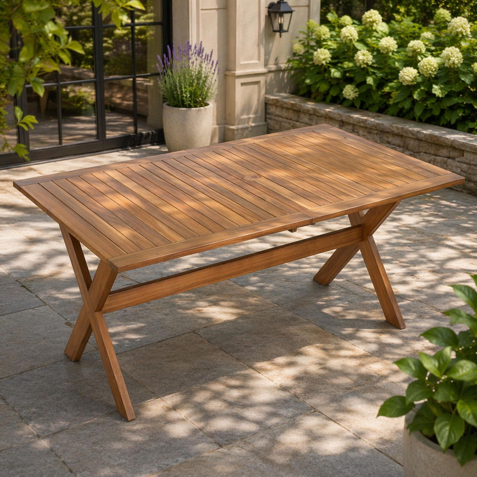 Polibi Acacia Wood Extension Outdoor Dining Table with X-Shape Solid Wod Legs for Garden, Backyard, Teak Finish