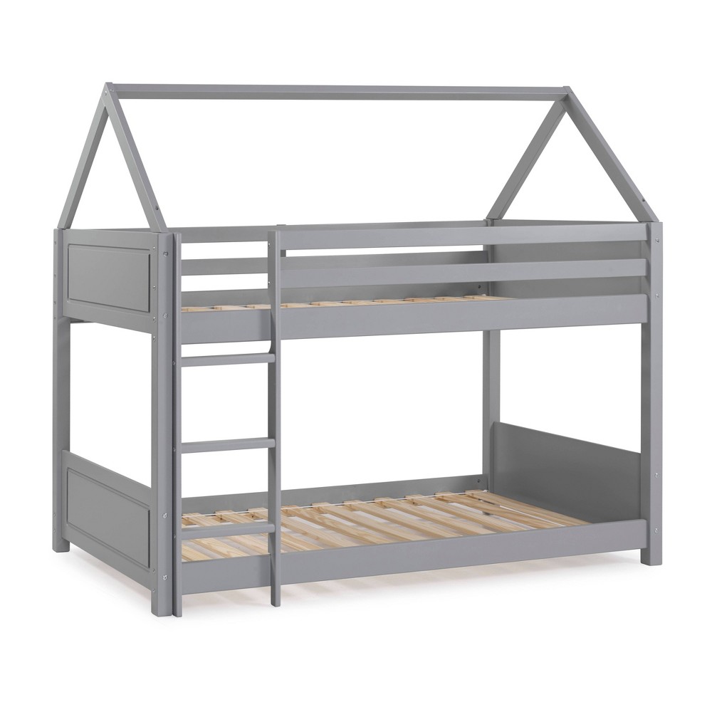 Photos - Bed Frame Twin Over Twin Gibson Modern Gray Solid Wood Built In Ladder Playhouse Kid