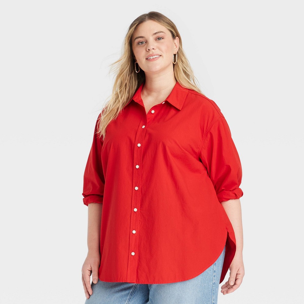 Women's Oversized Long Sleeve Collared Button-Down Shirt - Universal Thread™ Red 3X