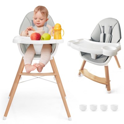 Infans Baby High Chair Wooden Feeding Chair w/ 4-Gear Tray & Removable Cushion