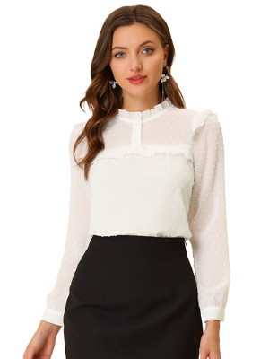 INSPIRE CHIC Women's Swiss Dots Long Sleeve Ruffled Work Office Chiffon Blouse