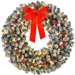 VINGLI 24 Inch Prelit Battery Operated Christmas Wreath, Small Christmas Wreath for Front Door, Window, Gold - 1 of 4