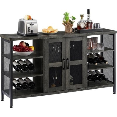 Acekool Industrial Wine Bar Cabinet with Glass Rack, Multi-Functional Liquor & Coffee Storage Sideboard for Dining & Living Room