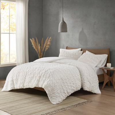 Ivory Ruched Faux Fur Full Comforter Set with Microfiber