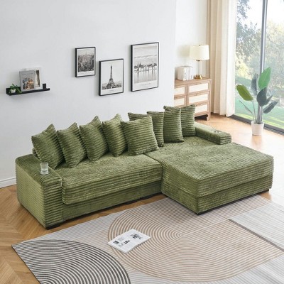 Resenkos 111.4" Reversible Chaise Sectional, Corduroy Fabric with Armrest Storage and Cup Holders,
