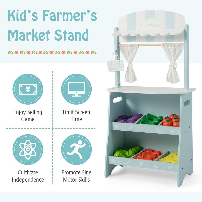 Costway Kid's Farmers Market Stand Wooden Grocery Store Set w/ Cutting Veggies & Fruits Pink\Blue, 5 of 10