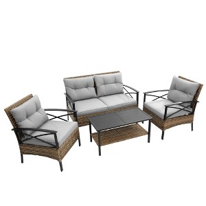 Chery Life Patio 4 Piece Sectional Conversation Sofa Set- Kd Rattan Wicker Outdoor Garden Furniture Corner Sofa Set With Cushion - 1 of 4